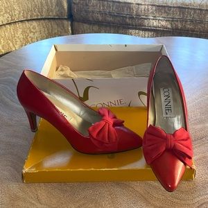 Vintage Red Leather Heels Suede Bow
